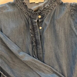 LOFT Chambray Ruffle-Trim Popover Top - Blue